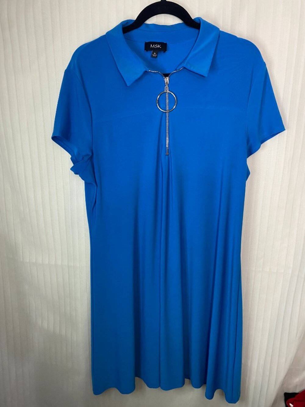 MSK Women's XL Blue Zip Front Collar Dress Short Sleeve A-Line Stretch Casual - Picture 3 of 6